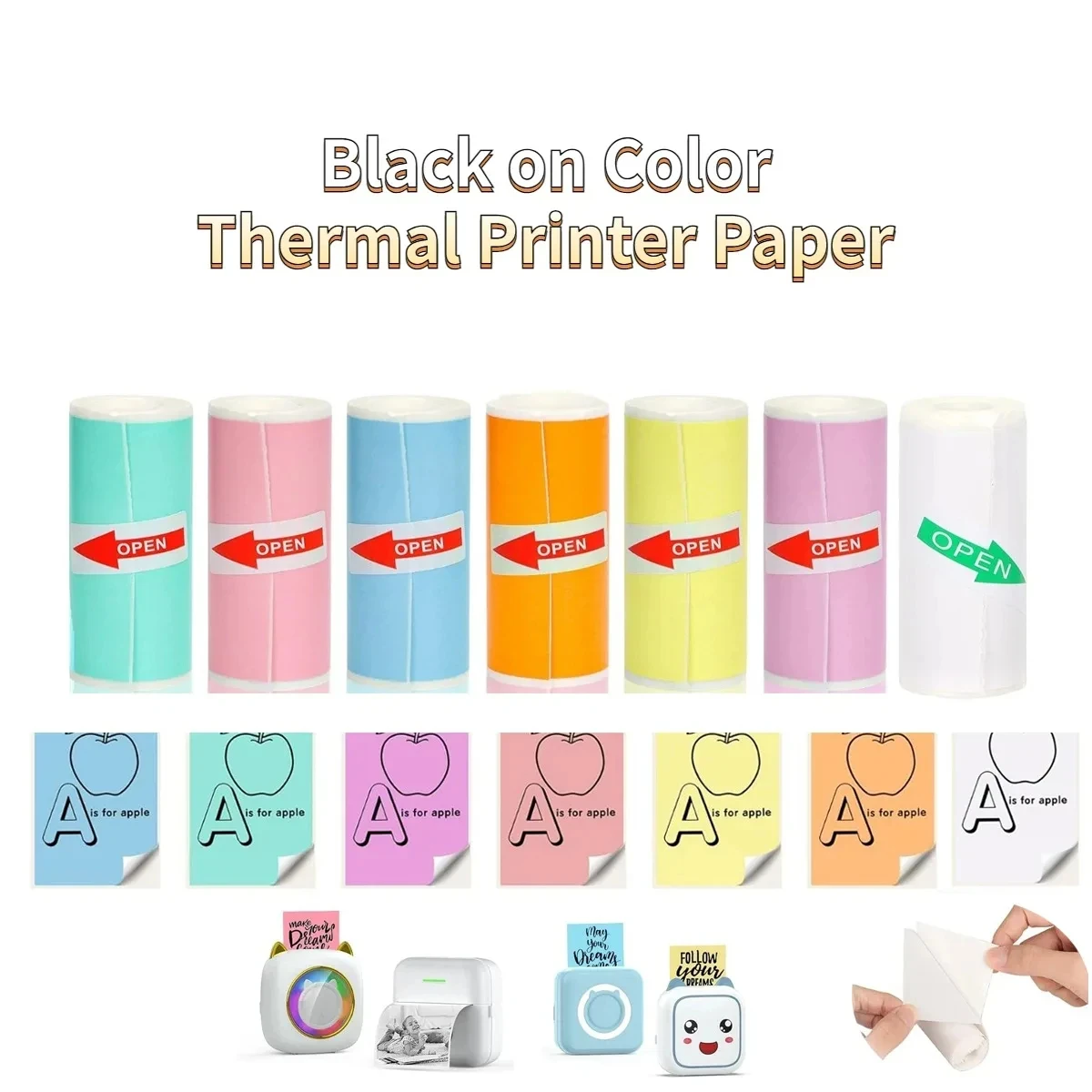 Printer Sticker Paper Mini Printer Sticker Paper Thermal Self-adhesive 57*25mm White & Colour Paper For Pocket Inkless Portable Bluetooth Printer