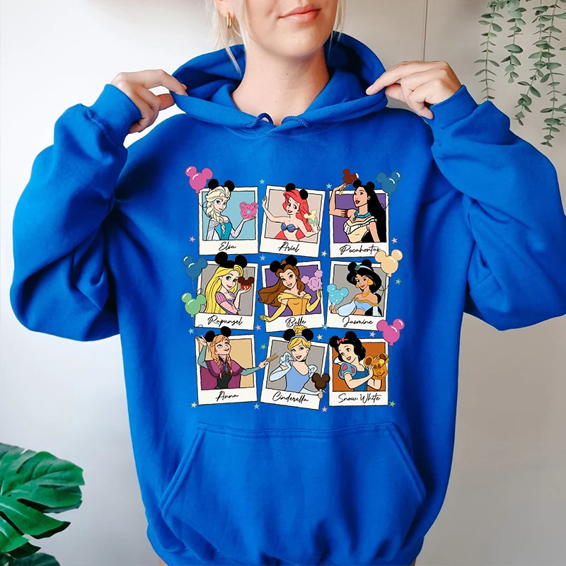 Disney Princess Cinderella Elsa Little Mermaid Ariel Snow White Print Women's Hoodie Casual Sweater Loose Top 5