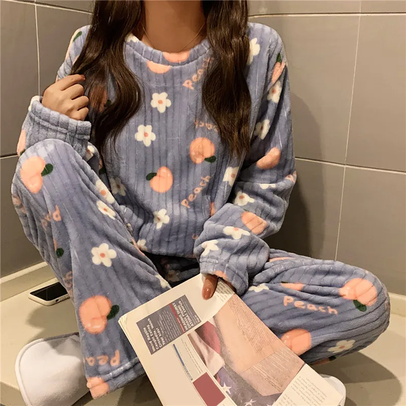 

Women Cute Winter Plush Pajamas Set Girl Sweet Korean Loose Sleepwear Casual Lazy Style Long Sleeve Comfortable Home Suit