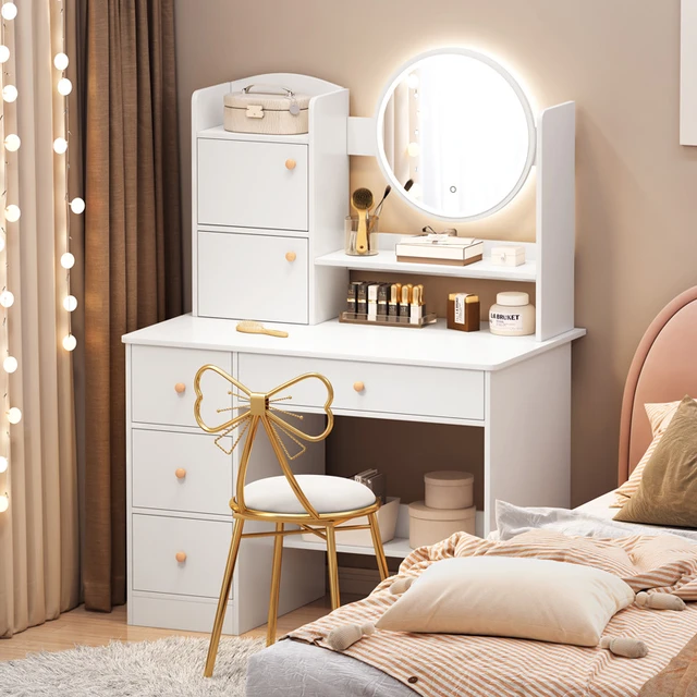 Tocador pequeño de lujo con luz minimalista para dormitorio, mesa de  maquillaje con espejo muebles de escritorio