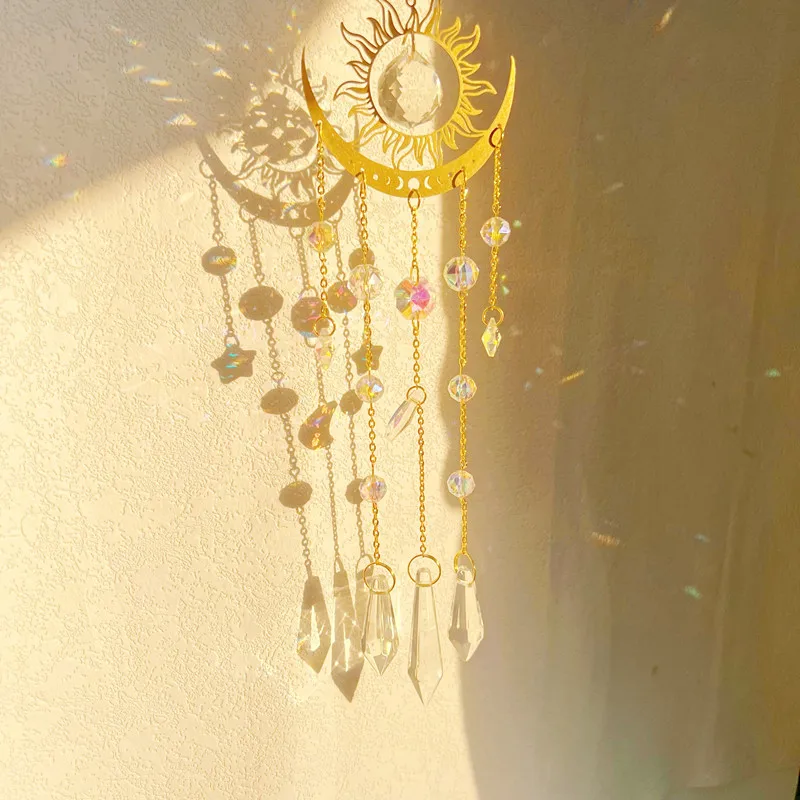 1pc gold flame moon crystal pendant sunlight catcher outdoor garden ab colourful hanging decorations hanging ornaments crystal pendant