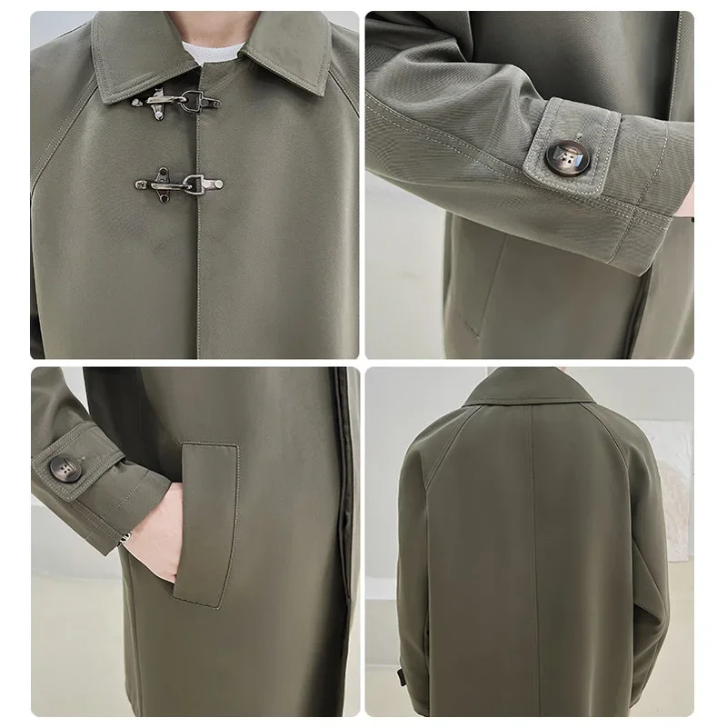 Men Japanese Korean Fashion Loose Casual Mid Length Vintage Trench Coat Male Long Windbreak Jacket Outerwear Trenchcoat