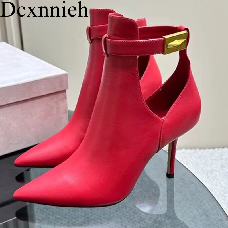 

Women's Metal Thin Heel Short Boots Genuine Leather Pointed Toe Ankle Boots Autumn Winter Hollow Out Belt Buckle Runway Boots