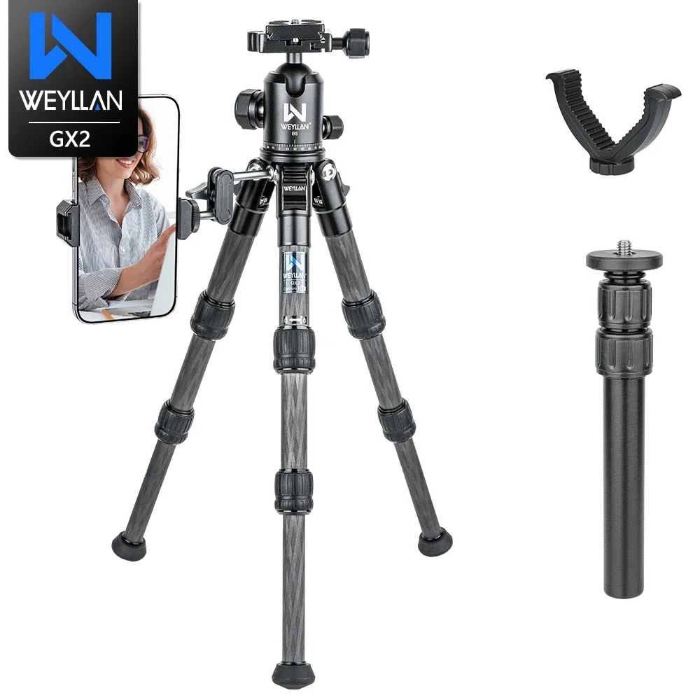 Carbon Fiber Camera Tripod 360&deg;Ball Head Lightweight Tabletop Tripod GX2 Travel V Yoke Bracket For DSLR Camera WEYLLAN foldable tripod,mini tripod,camera tripod