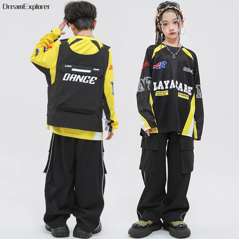 Boys Hip Hop Vest Contrast Sweatshirt Cagro Pants Girls Streetwear Child Street Dance Fake Two Piece Top Kids Jazz Clothes Sets