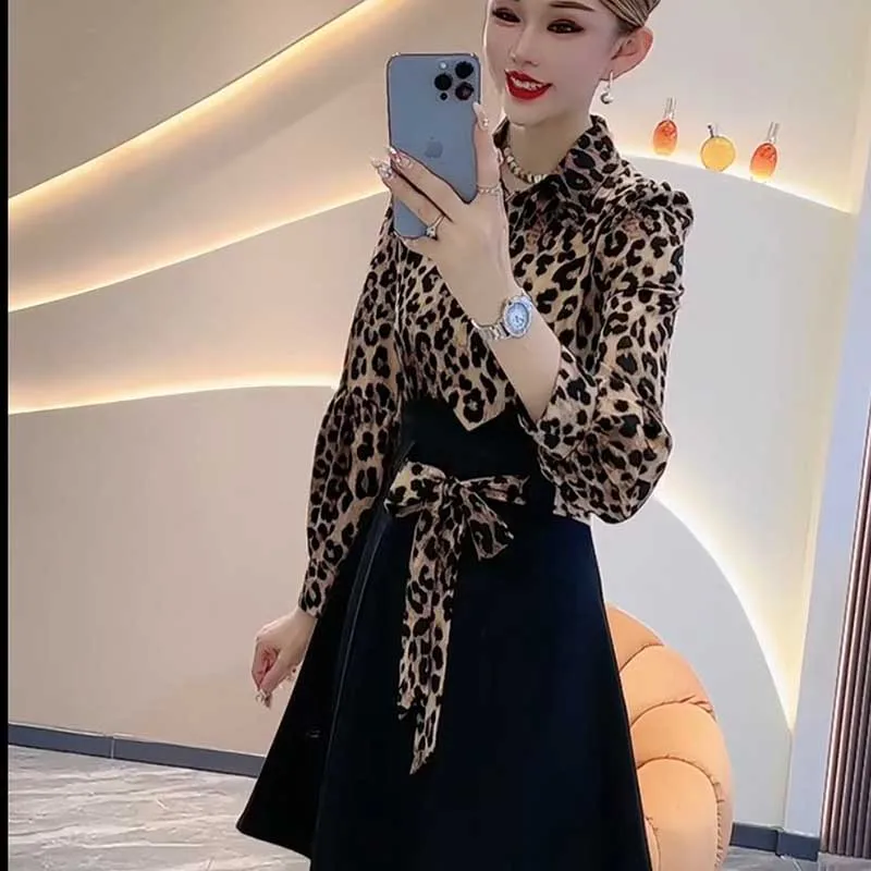 

Fashion Spliced Bandage Leopard Fake Two Pieces Mini Dress Women's Clothing 2023 Autumn Winter Loose Office Lady Ladies Dresses