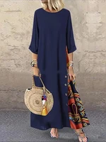Women Vintage Print Patchwork Maxi Dress Boho 3/4 Sleeve Oversized Long Dress Casual Harajuku O Neck Loose Dress Elegant Robe - Image 2