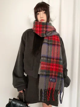 Hanfu Plaid Red Scarf 2025 Winter With Woolen Thickening Warmth Cold-Proof Tassel Scarf Atmosphere Feeling Versatile