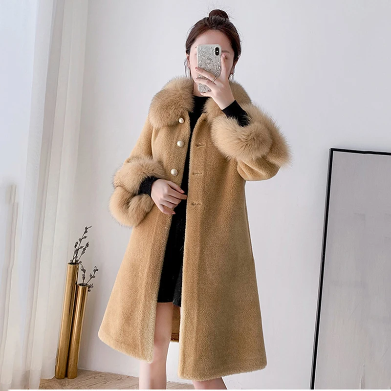 Korean Imaitation Mink Long Coat Women Casual Faux Fox Fur Collar Sheep Fleece Winter Jacket Plus Size Windproof Loose Overcoat