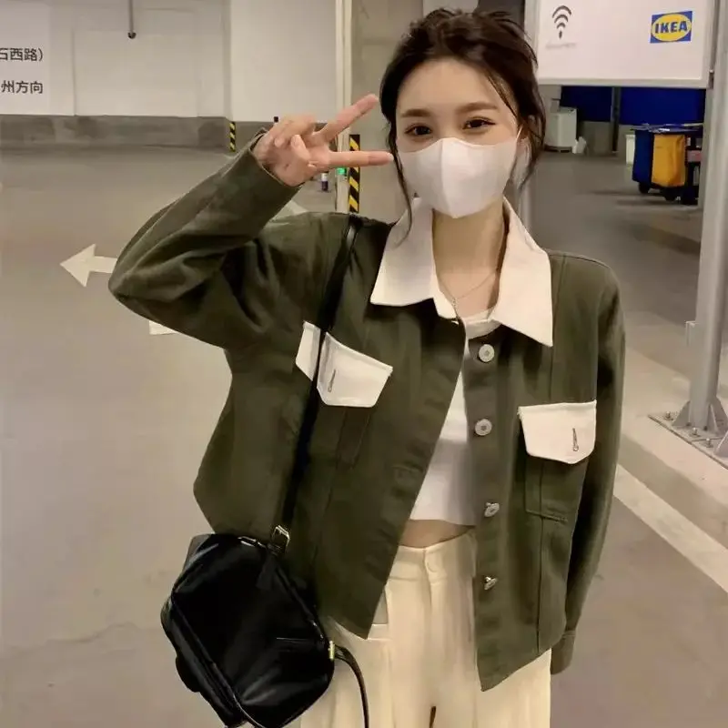 Korean Version Contrasting Polo Collar Short Denim Jacket for Women's 2024 Spring New Loose and Versatile Jacket Cardigan top