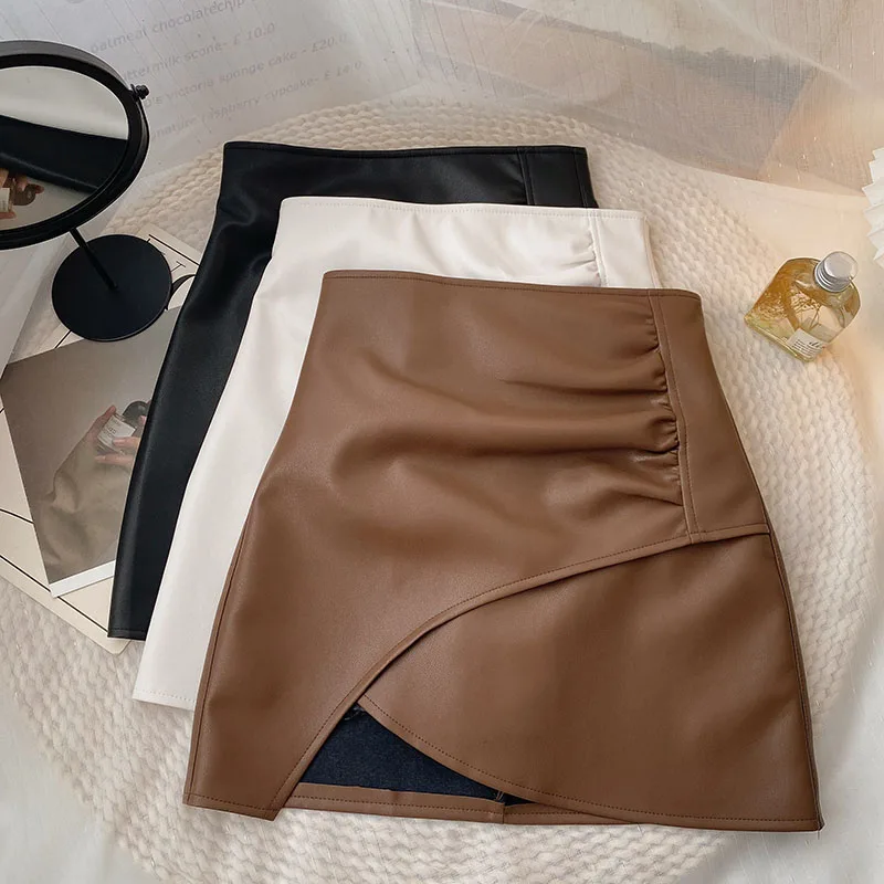 Asymmetrical Leather Skirts for Women Vintage Mini Skirt Office Lady Autumn 2023 PU High Waist Korean Fashion Clothing Black