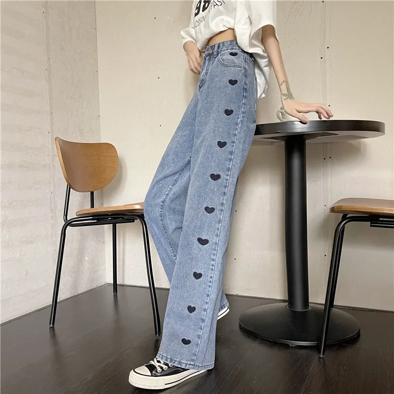 Women's Jeans Button High Waisted Jeans for Women Y2k Trousers for Girls Wide Leg Jeans Long Pants High Waist Embroidered Heart buckle jeans