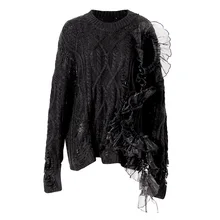 

Design Lazy Wind Hole Sweater Women's 2021 Autumn Splicing Mesh Ruffled Twist Mid-Length Knit Sweater