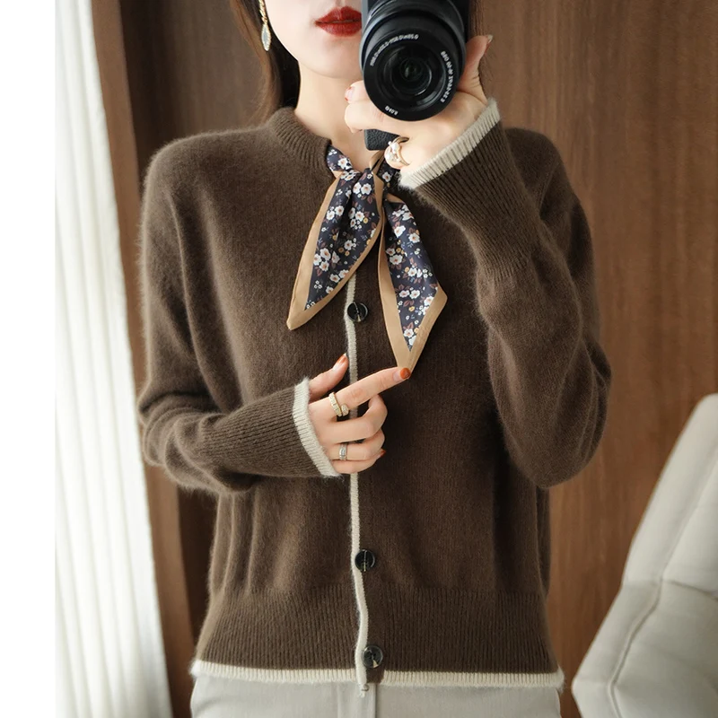 

Spring Autumn Women Color Matching Sweater O-neck Wool Blend Cardigan Fashion Bow Slim Warm Wild Casual Knit Bottoming Jacket