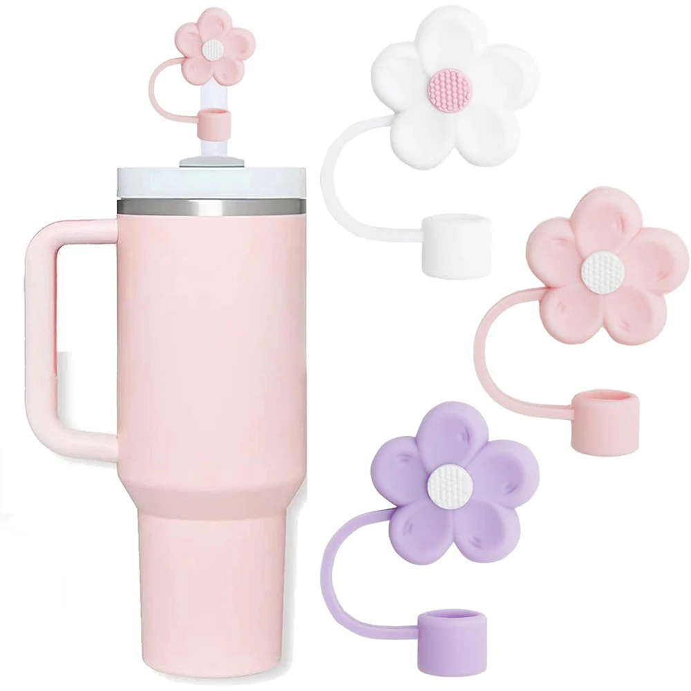 Straw Covers Straw Cover for Stanley Cup Cute Straw Topper Compatible with 30&40Oz Tumbler with Handle 10mm/0.4in Silicone Flower Cover