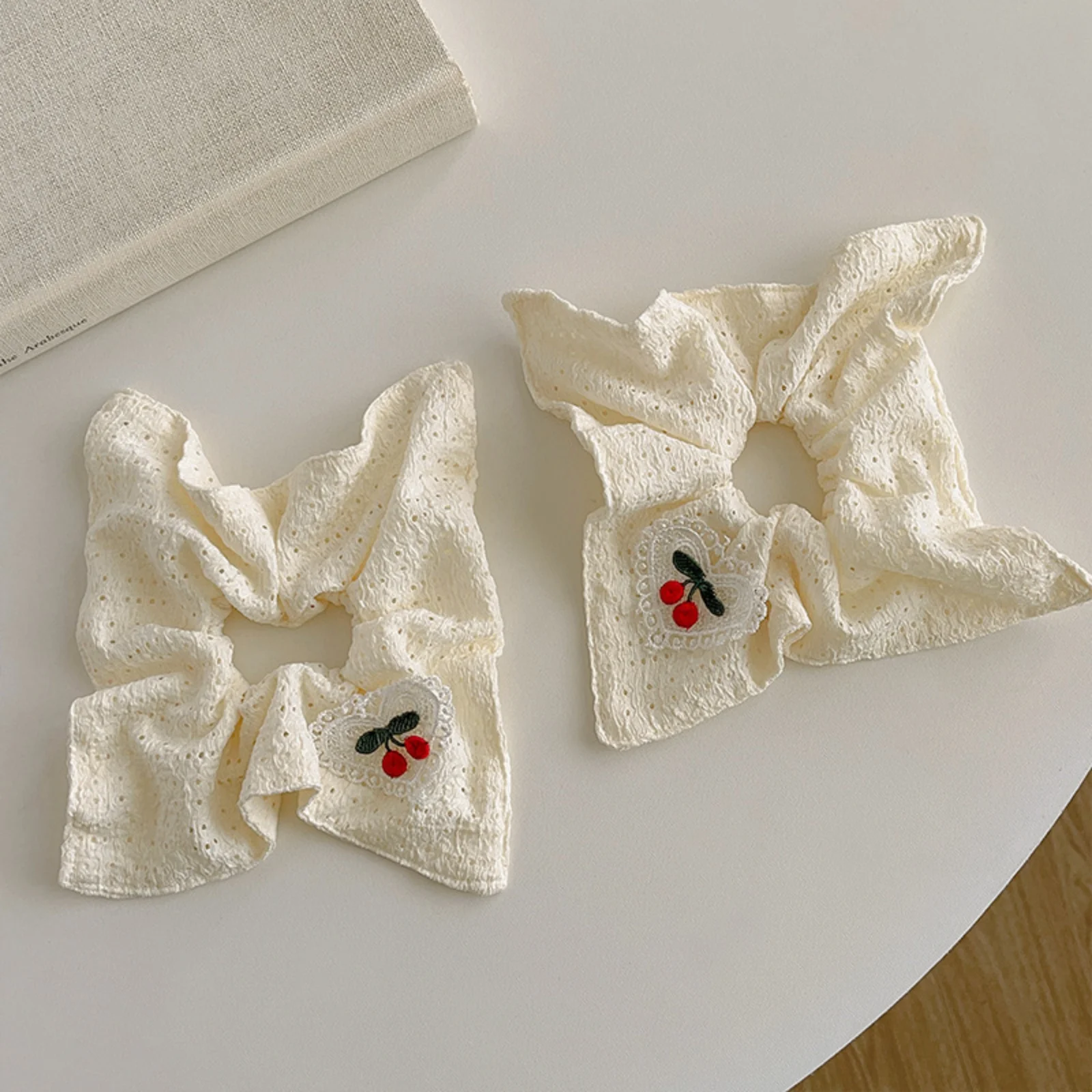 White Eyelet Scrunchies with Cherry Embroidery, Bow Hair Ties, Cute Girl Hair Accessories, Ideal for Ponytails