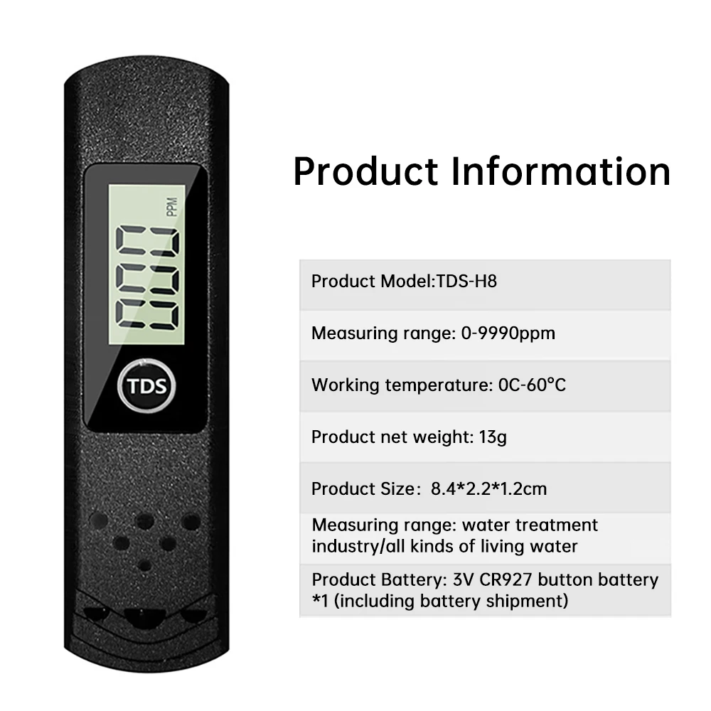 0-9990ppm TDS Detection Pen Water Quality Tester High Precision Water Test Pen LCD Digital Display Quality Analyzer