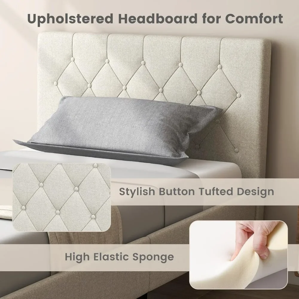 Twin Bed Frames for Kids, Modern Upholstered Platform Bed with Button Tufted Headboard, Wooden Slats Support Mattress 5