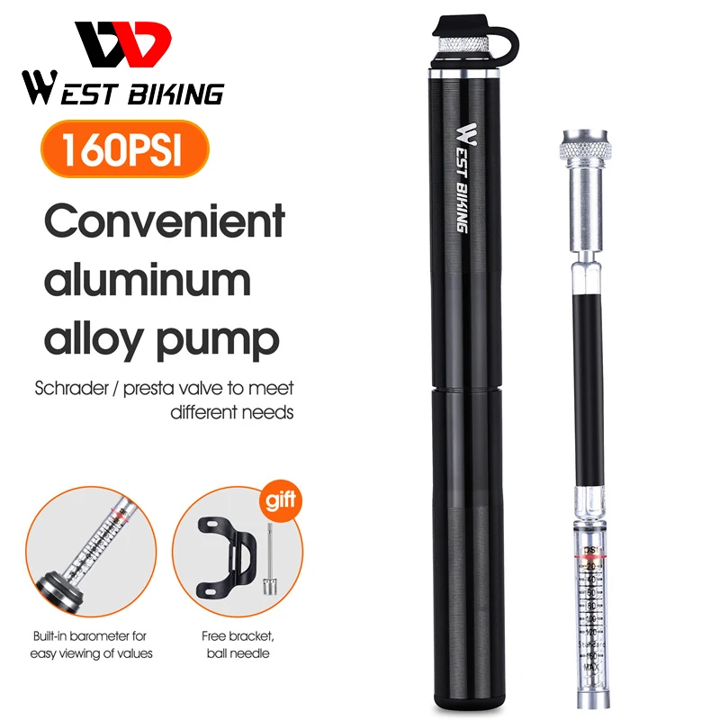 

WEST BIKING 160PSI Bike Pump with Pressure Gauge Bicycle Pump Presta Schrader Hose Cycling Tire Air Inflator Road MTB Bike Pump