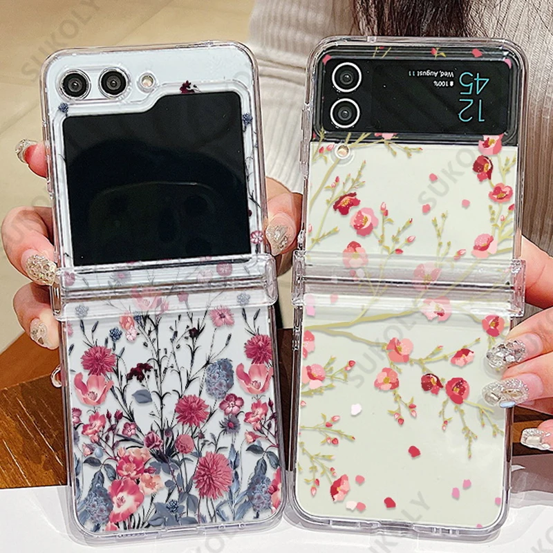 Per Samsung Galaxy Z Flip 5 Z Flip 4 Case Flower Pattern Cover Trasparente Pieghevole Antiurto Per Samsung Galaxy Z Flip5 4 3