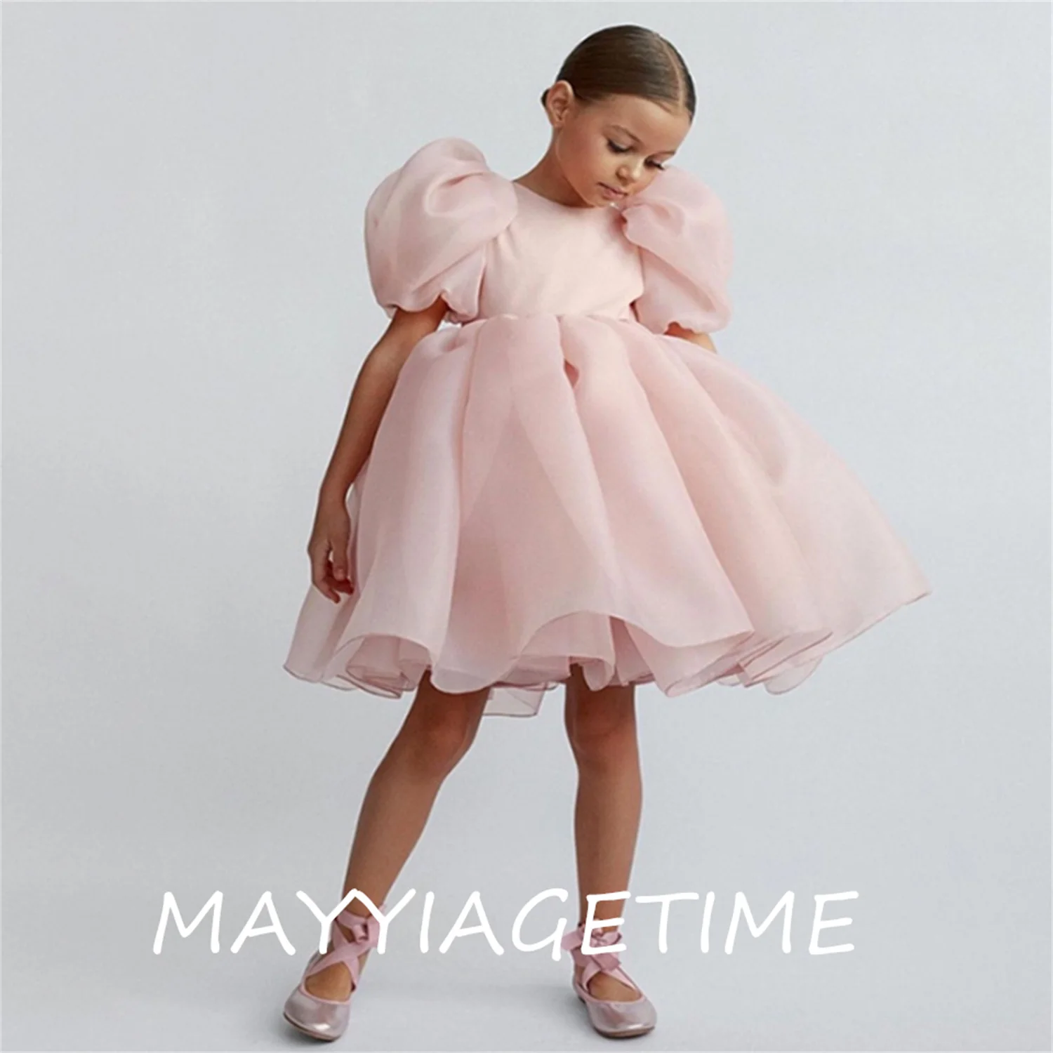 

High Quality O-Neck Short Sleeves Flower Bubble Sleeve For Girl Elegant Backless Ball Gown Dresses For Wedding Knee-Length