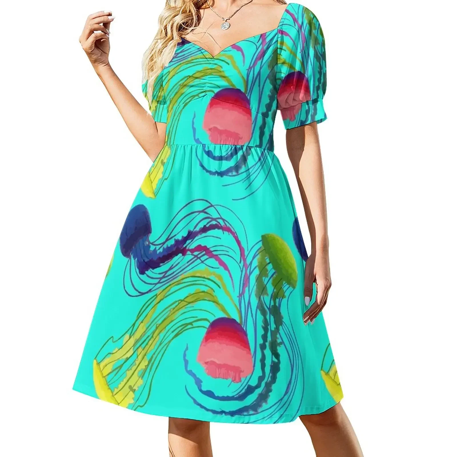 thumbnail image 1 of Vestido de manga corta con medusas vestidos de fiesta conjuntos elegantes para mujer, 1 of 7