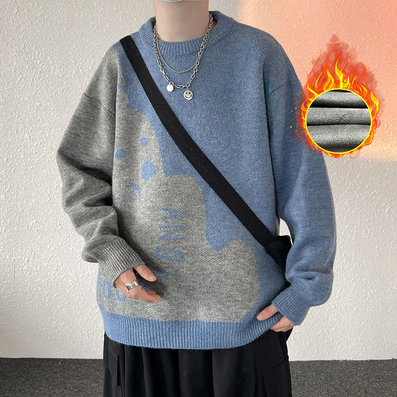 Autumn and Winter Sweaters for Men's 2023 Patchwork Printed Letter Loose Plush Thickened Versatile Knitted Long Sleeved Tops
