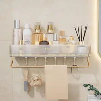 Wall Mounted Bathroom Wall Shelf with Towel Bar and 6 Hooks - Great for Bedroom Decor, Kitchen Storage , Bathroom Storage 1