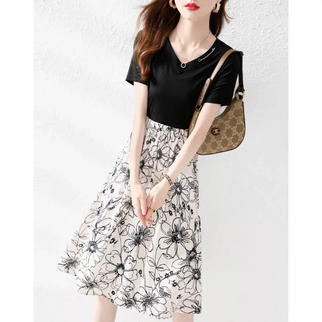 

Korean Fashion Patchwork Women's Summer Dress Clothing 2024 New Elegant Slim Print V-neck Short Sleeve Female Vestidos Dresses