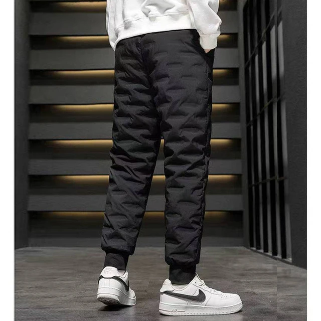 Men's Winter Pants Duck Down Padded Pants Thick Warm Black Loose Jogger  Windproof High Waist Elastic Thermal Down Trouser Male