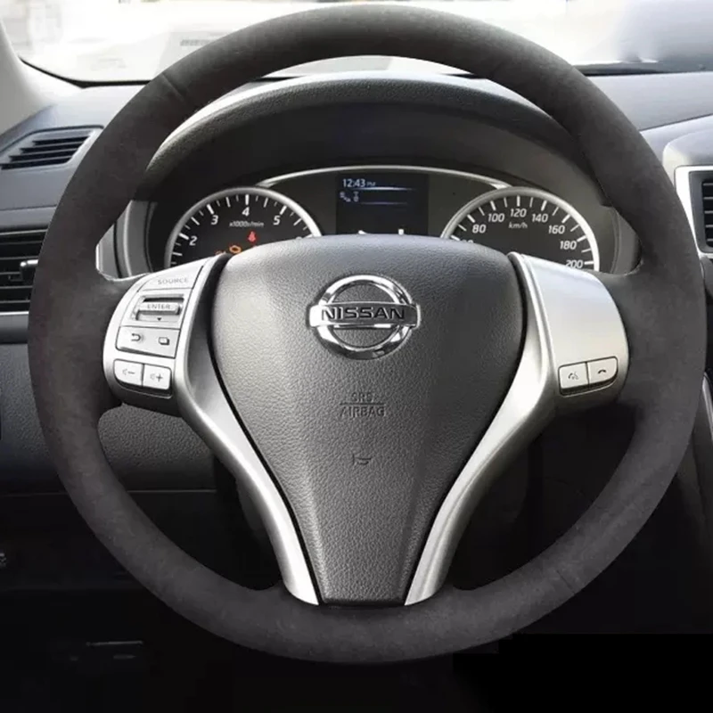 

Для Nissan Teana Altima X-Trail Qashqai Tiida Pulsar Navara 2016-2019 Черная замшевая ручная крышка рулевого колеса автомобиля