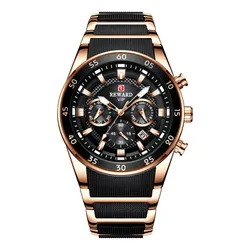 REWARD Luxury Sport Chronograph Waterproof Men's Watch with Big Dial and Automatic Date (Gold Black)