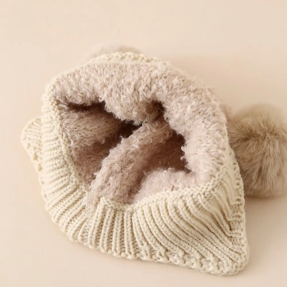 3-24 Months Double Hairball Baby Hat Knitted Wind-proof Pom Hat Solid Color Thicken Knit Cap Autumn