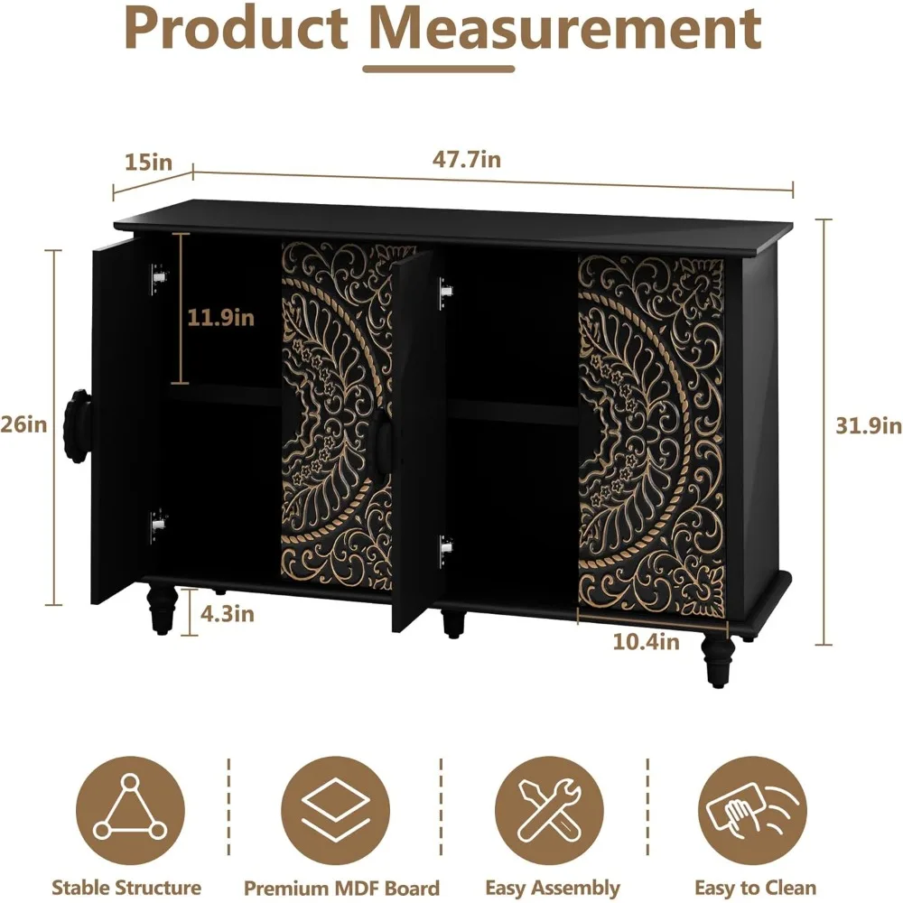 Decorative Sideboard Buffet Cabinet with 4 Doors, Black Accent Storage Cabinet with Carved Flower Pattern, Wood Credenz 2