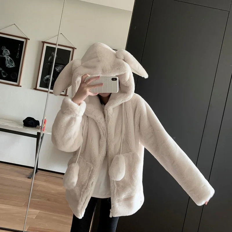 Winter Fluffy Jacket with Rabbit Ears Raglan Sleeve Zipper Oversize Light Soft Harajuku Kawaii Faux Fur Hoodie 2023 White Parkas
