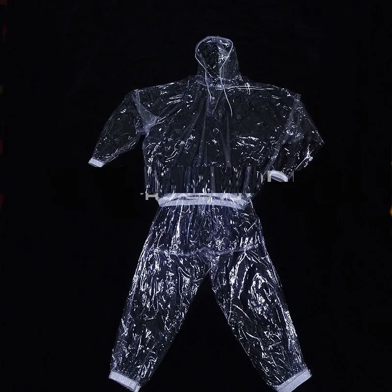 Clear Transparent Long Sleeve Hooded Waterproof Rainproof Hoodie With Trouser Suit Live Show Dance Costumes Hip Hop Plastic Love