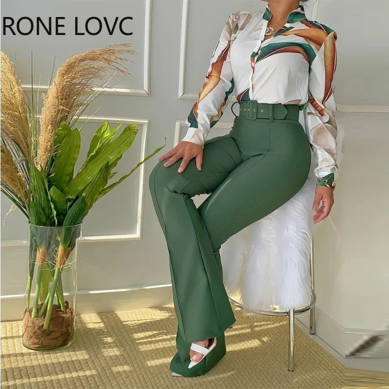 

Женский повседневный комплект из топа с длинным рукавом и брюк с поясом и воротником-стойкой