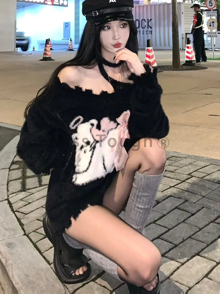 Autumn Kawaii Knitted Pullovers Women Print Sweet Loose Knitted Sweater Female Warm Korean Fashion Casual Pullover Tops 2023