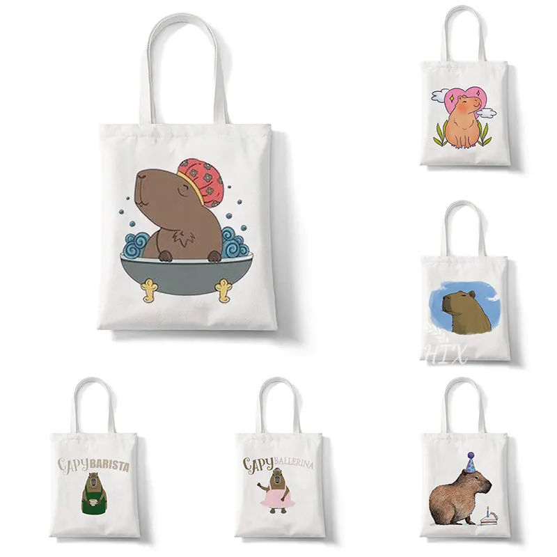 

Kawaii Capybara Shoulder Bags Cartoon Animal Print Canva Bag Reusable Collapsible Large Capacity Women Shopping Beach Handbag