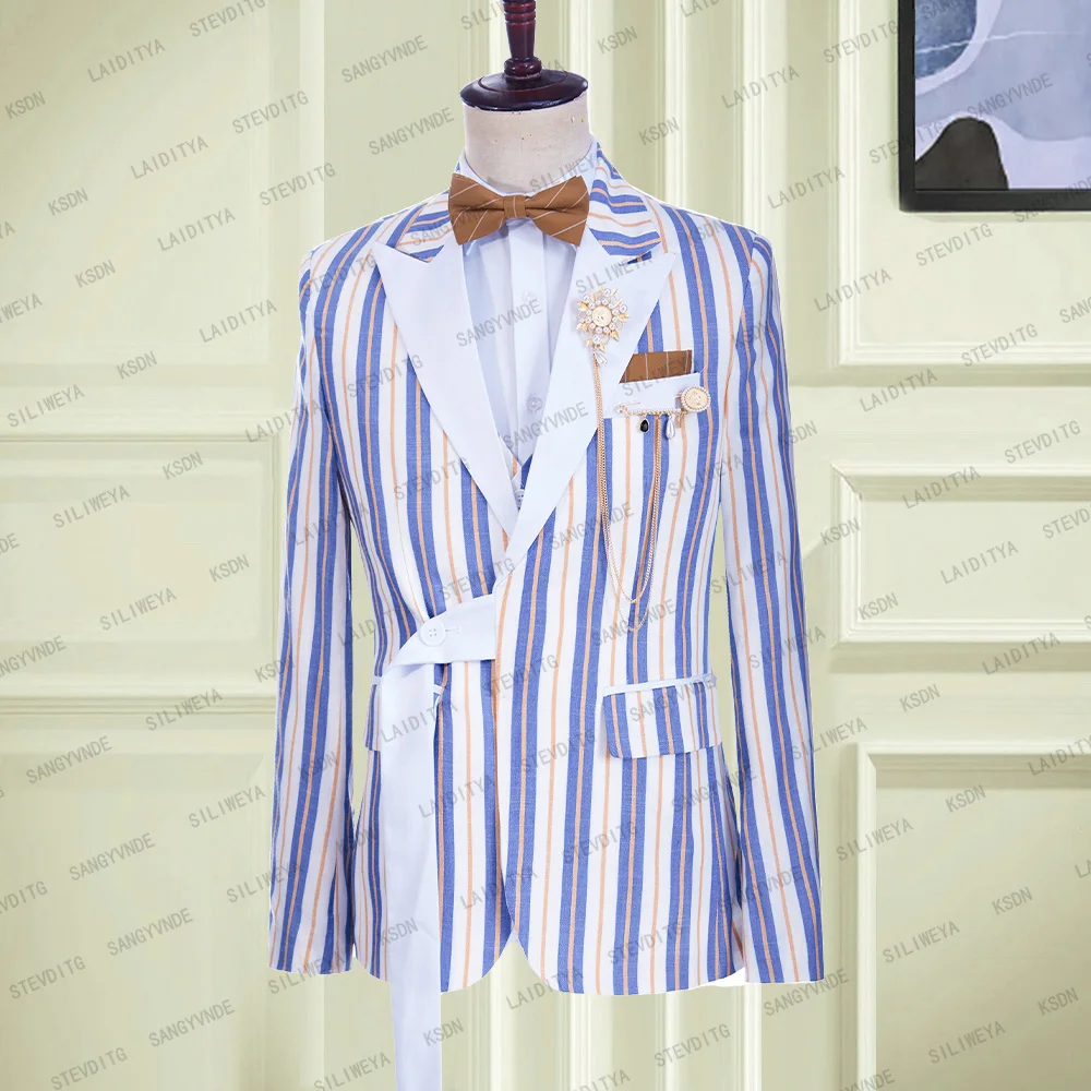 

2023 New Style Blazer Leisure Party Linen Men Suit Classic Stripe Pattern with Bandage Beach Jacket Tuxedos