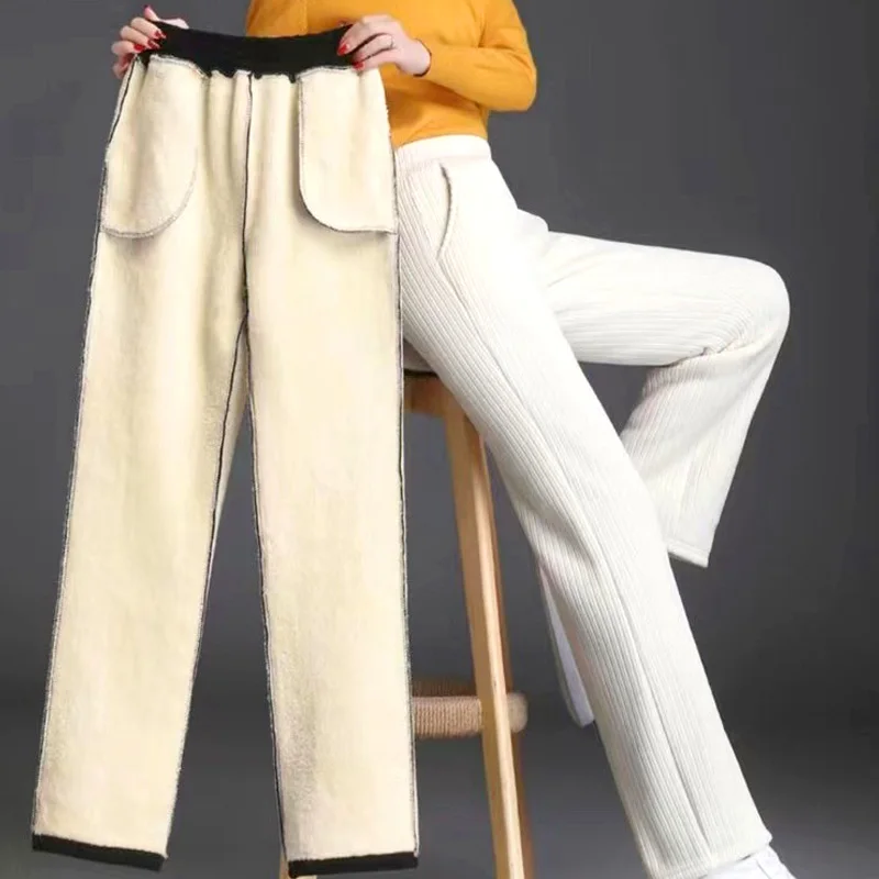

2023 New Winter Fleece Lined Wide Leg Pants Thicken Elastic Casual Warm Solid Color Straight Pants Korean Lamb Fluff Straight