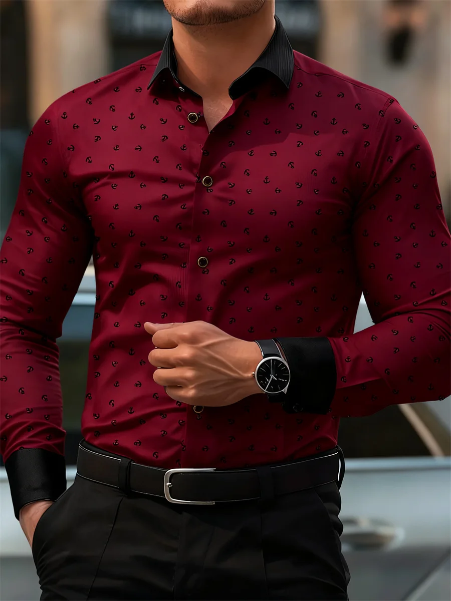 New Men's Fashion Anchor Print Contrast Color Lapel Long Sleeve Shirt Business Casual Slim Fit Non-iron Versatile Shirt XS-6XL