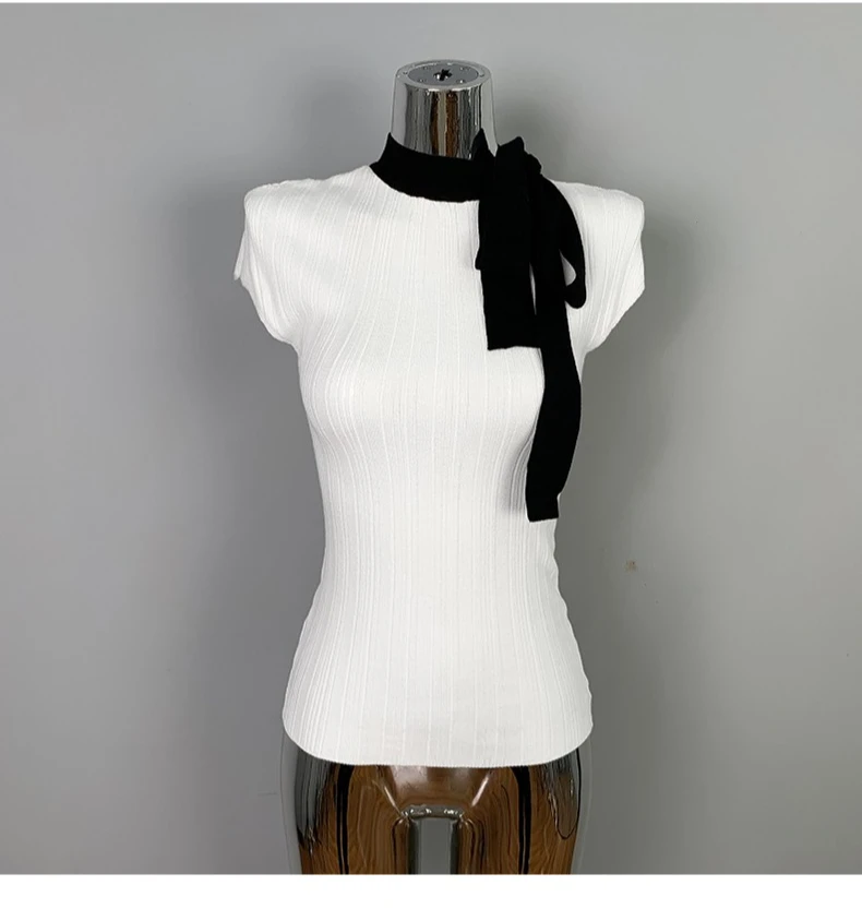 2026 frühling Sommer Slim Fit Sexy Gestrickte T-shirt frauen Tie-Band Mode Kurzarm Tops Elegante Temperament Vielseitig hemd – Detail 19