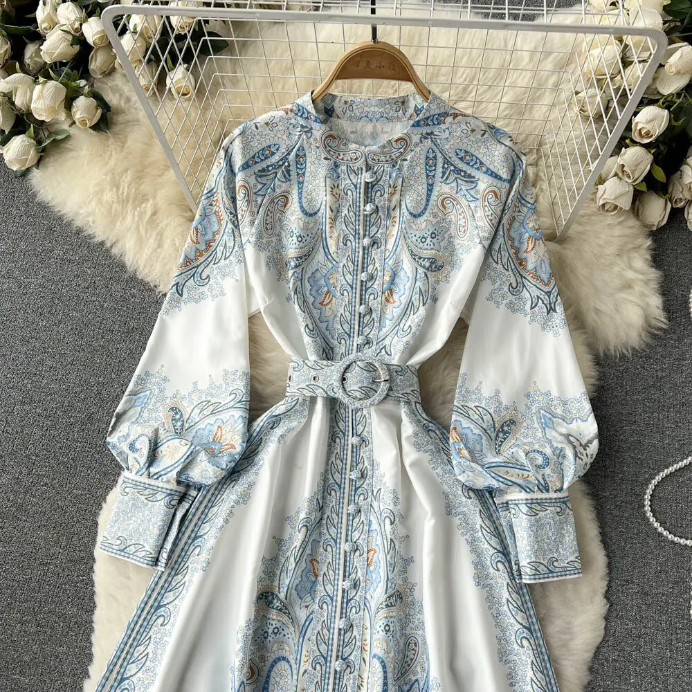 Nuevo vestido de fiesta vintage para mujer, moda de manga larga, botonadura sencilla, cuello alto, elegante, estampado, vestidos largos, primavera y otoño.