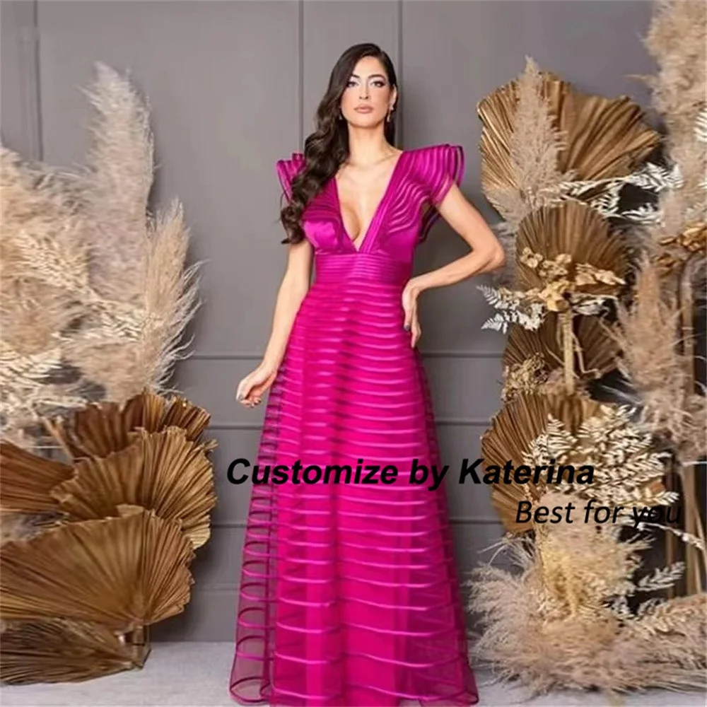 

Katerina Fuchsia Elegant Evening Dresses Deep V Neck A Line Saudi Arabia Prom Gowns Formal Party Dress Vestido De Noche