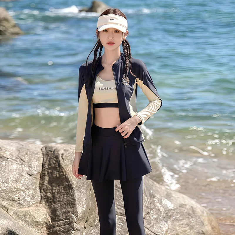 Women's 2025 New Swimwear Four-Piece Set Conservative Bikini Long Sleeve Long Pants Surfing Mermaid Suit Sunscreen Swimsuit - 4
