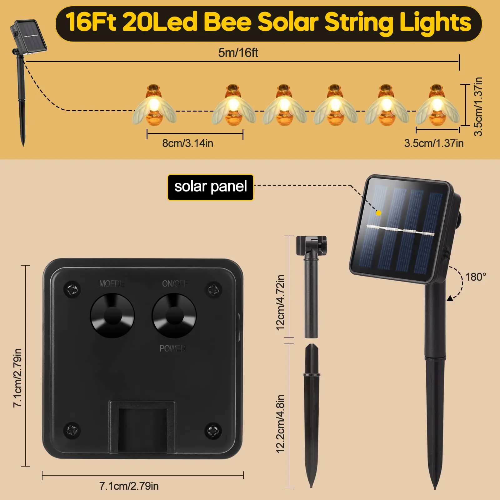 Solar Light 100LED Bee String Lamp Outdoor Fairy Tree Christmas Garland 8 Modes Waterproof Patio Garden Party Decor