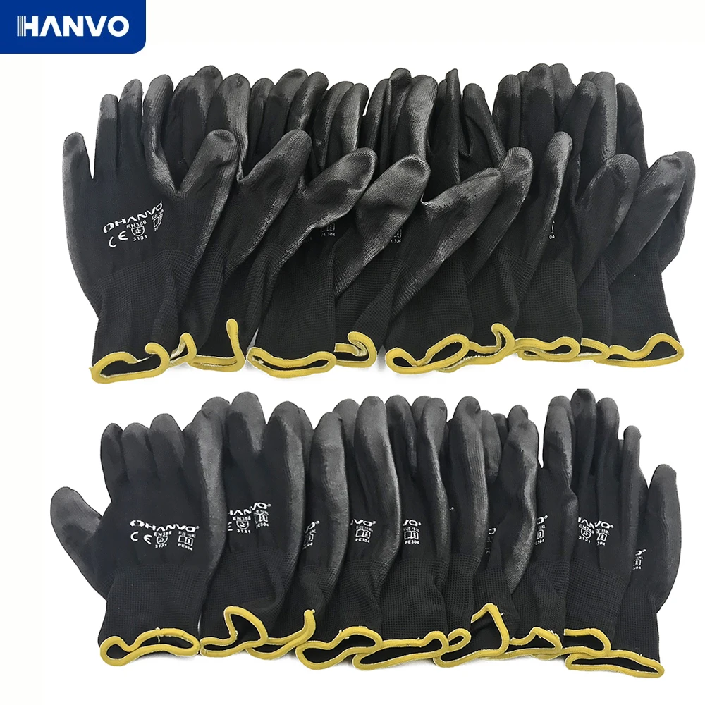 

10 Pairs PU Nitrile Safety Coating Nylon Cotton Work Gloves Palm Coated Gloves Mechanic Working Gloves have CE EN388