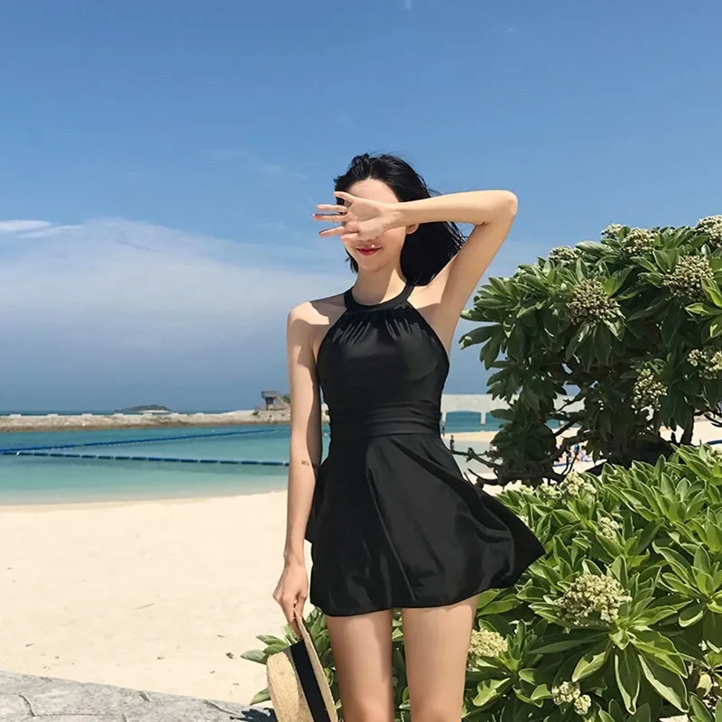 

2021 black plus size swimsuit fat mm conservative one-piece skirt flat angle was thin cover belly hot spring swimsuit