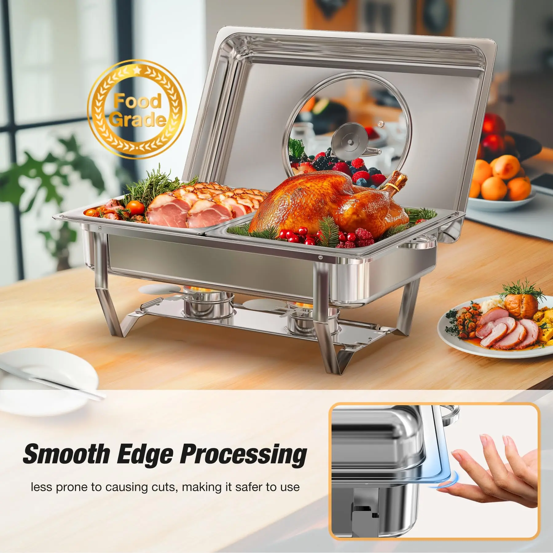 Stainless Steel Chafing Dishes Set with Foldable Glass Lid for Buffet